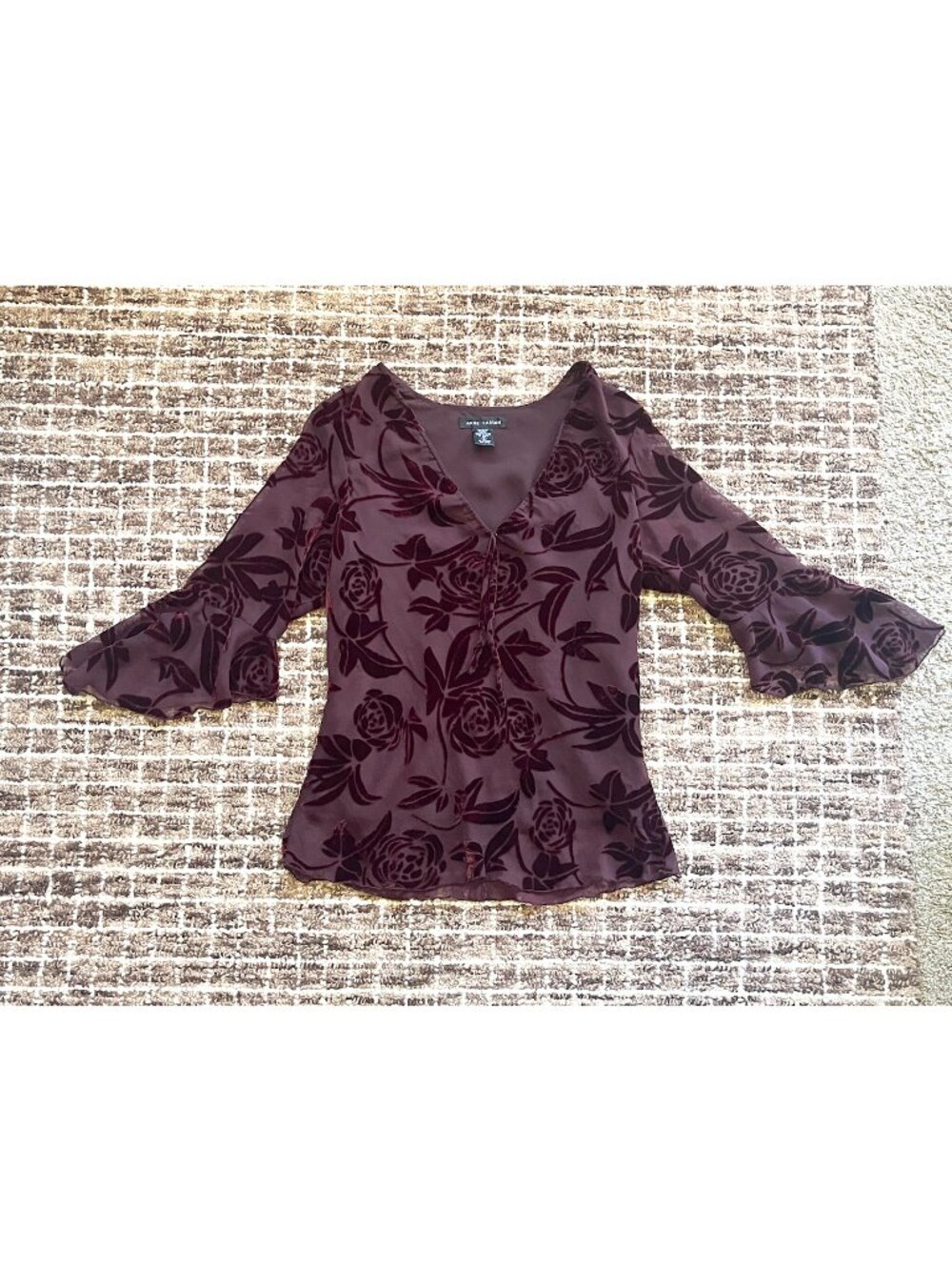 Anne Carson Maroon Floral Top, See through sleeves, Size Small